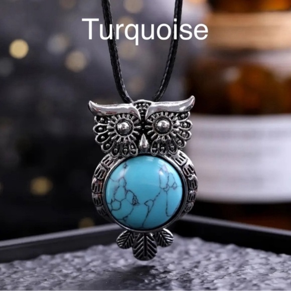 29 🖤 Turquoise Gemstone Crystal Owl Stone Pendant Necklace Jewelry - Picture 2 of 2